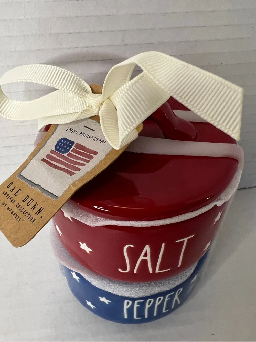 Rae Dunn Patriotic Red White Blue Star Salt Pepper Stackable Ceramic Set New